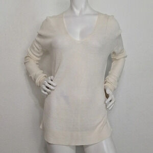 Theory Ribbed Ivory V-Neck Sheer Coquette Coastal Linen Blend Sweater Size 00/0